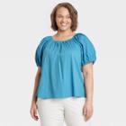 Women's Plus Size Puff Short Sleeve Tie-back Top - A New Day Blue