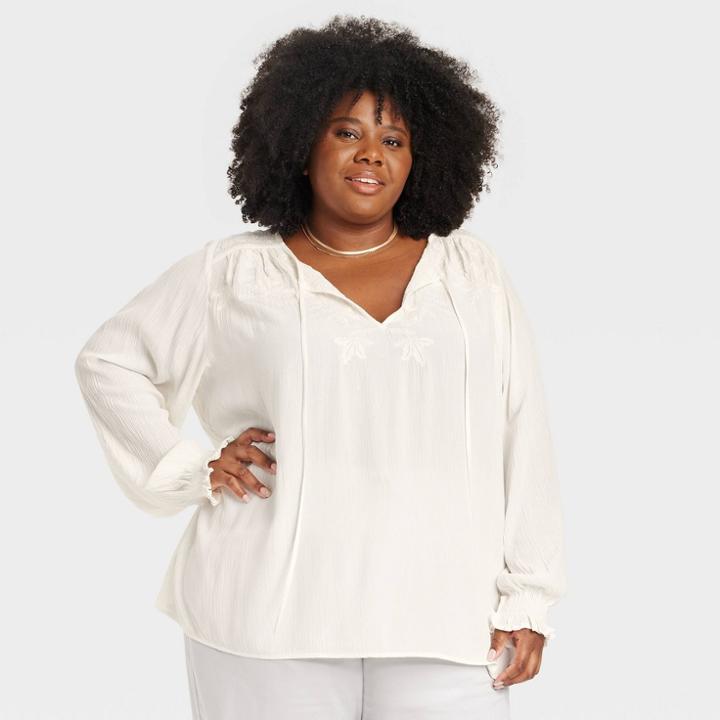 Women's Plus Size Long Sleeve Embroidered Top - Knox Rose Ivory