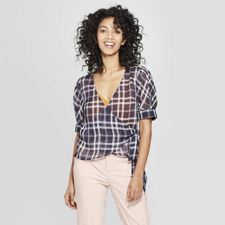 Women's Puff Sleeve V-neck Wrap Blouse - A New Day Navy