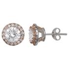 Target Women's Stud Earrings With Clear Cubic Zirconia And Pave Border In Sterling Silver - Silver/rose