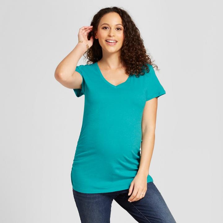Maternity Side Shirred Striped Short Sleeve V-neck T-shirt - Isabel Maternity By Ingrid & Isabel Turquoise Heather