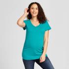 Maternity Side Shirred Striped Short Sleeve V-neck T-shirt - Isabel Maternity By Ingrid & Isabel Turquoise Heather