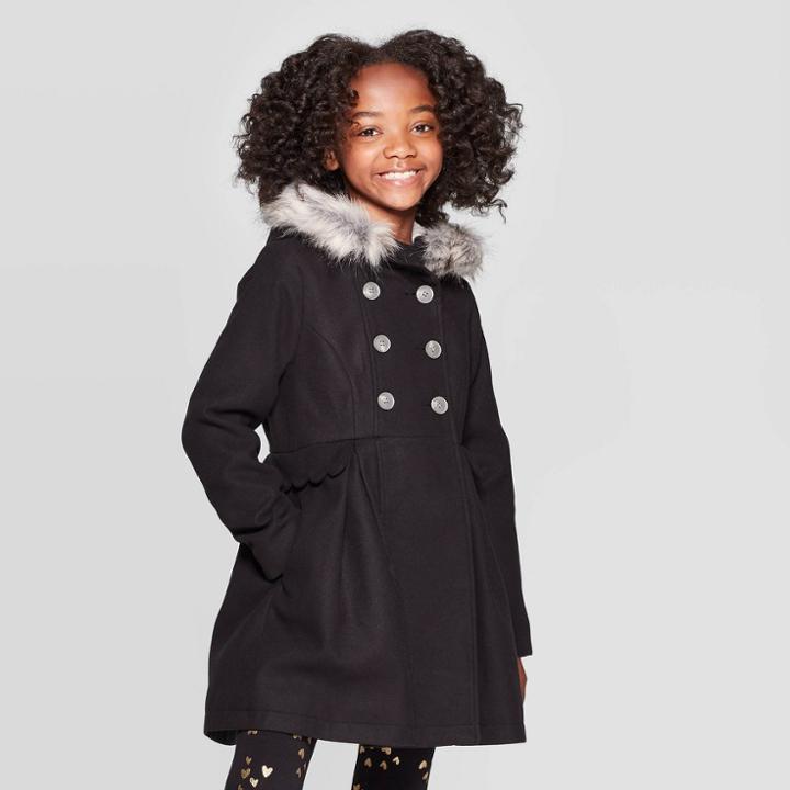 Girls' Faux Fur Hood Jacket - Cat & Jack Black