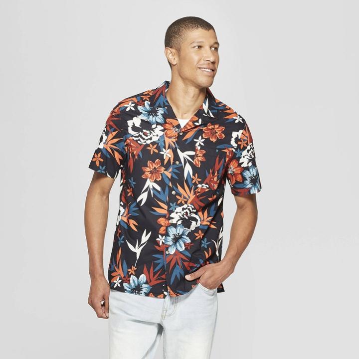Men's Floral Print Short Sleeve Button-down Shirt - Goodfellow & Co Xavier Navy