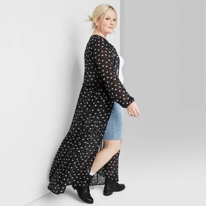 Women's Plus Size Floral Print Long Sleeve Tiered Duster Kimono - Wild Fable Black