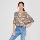 Women's Camo Print Elbow Sleeve Cold Shoulder Wedge Top - Alison Andrews Green