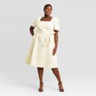 Women's Plus Size Puff Short Sleeve Belted Denim Dress - Who What Wear Beige