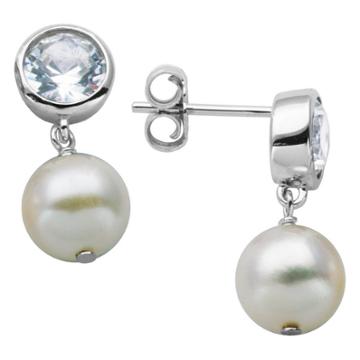Prime Art & Jewel Sterling Silver Genuine White Pearl And Lab Created White Sapphire Stud Earrings, Girl's