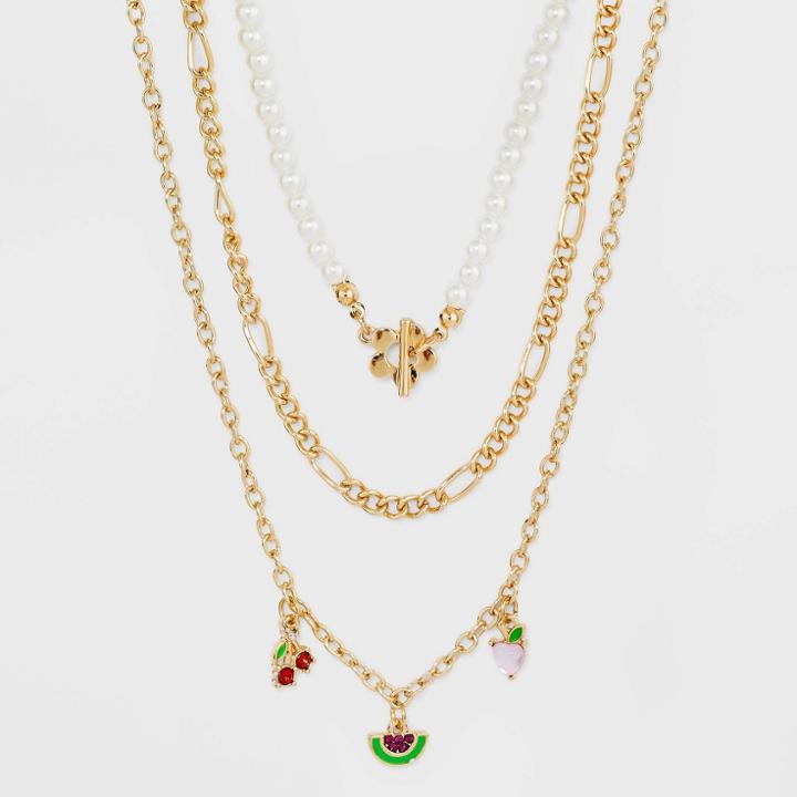 Watermelon And Pearl Chain Necklace Set 3pc - Wild Fable , White