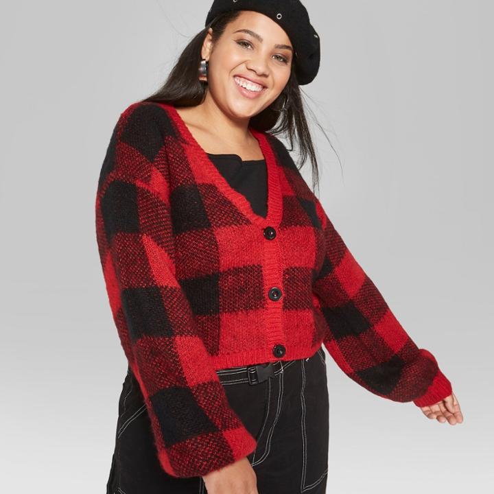 Women's Plus Size Plaid Cropped Button Cardigan - Wild Fable Red