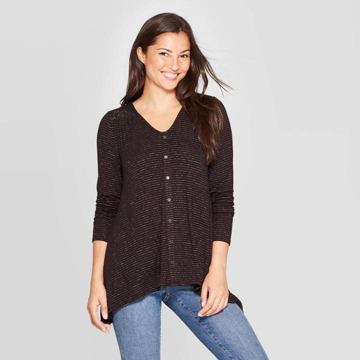 Women's Striped Long Sleeve V-neck Button Front Knit Blouse - Knox Rose Black