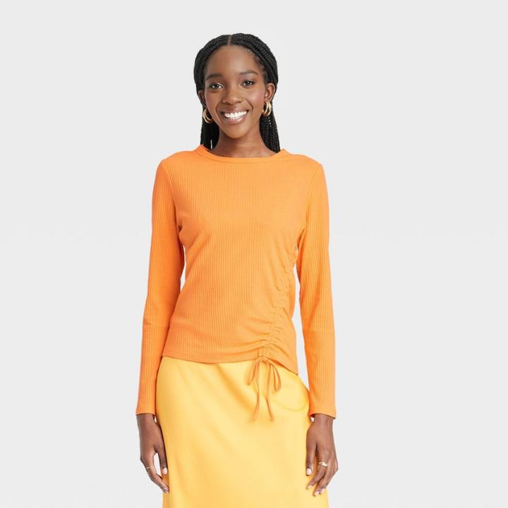 Women's Long Sleeve Side Ruched T-shirt - A New Day Orange