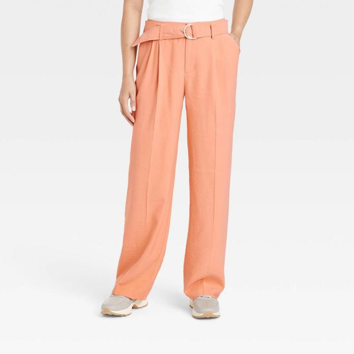 Women's High-rise Relaxed Fit Straight Belted Trousers - A New Day Orange