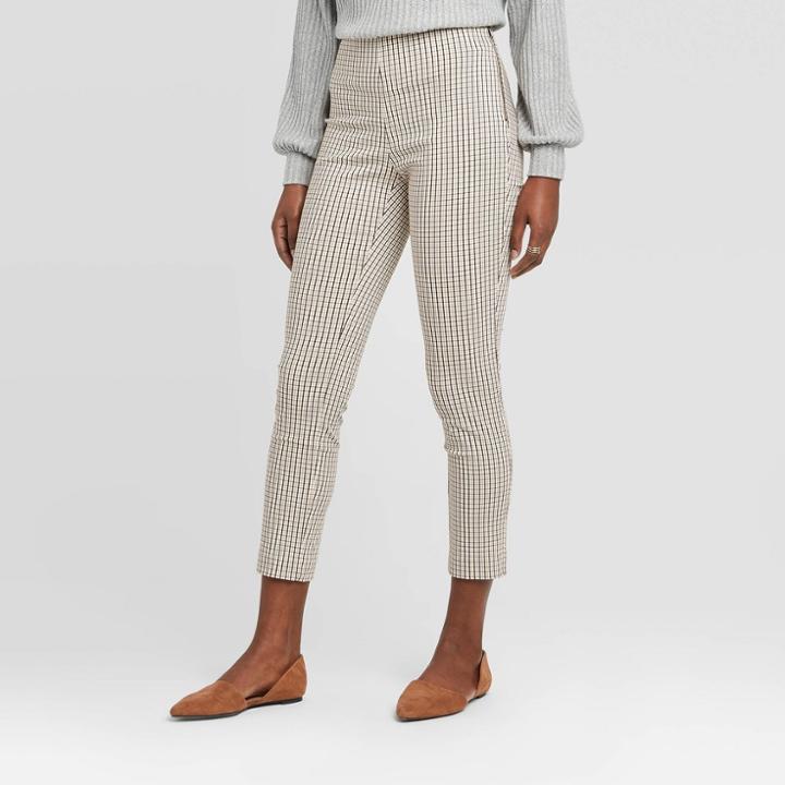 Women's Plaid High-rise Skinny Ankle Pants - A New Day Brown