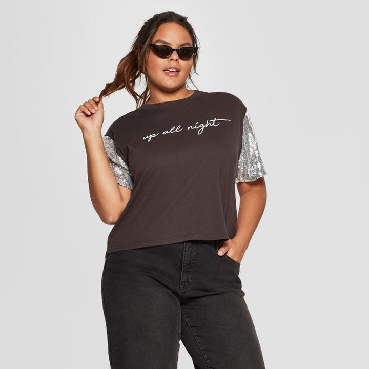 Women's Plus Size Short Sleeve Up All Night Glitter Cropped Graphic T-shirt - Mighty Fine (juniors') Black/silver