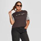 Women's Plus Size Short Sleeve Up All Night Glitter Cropped Graphic T-shirt - Mighty Fine (juniors') Black/silver