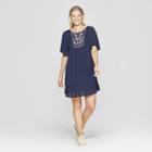 Women's Short Sleeve Crewneck Shift Midi Dress With Embroidery - Knox Rose Navy