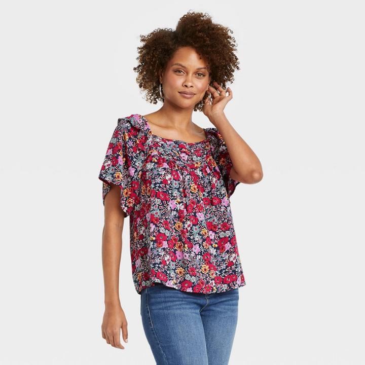 Women's Flutter Short Sleeve Ruffle Top - Knox Rose Navy Floral