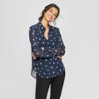 Women's Floral Print Long Sleeve Heart Print Blouse - A New Day Navy