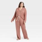 Women's Plus Size Beautifully Soft Long Sleeve Notch Collar Top And Pants Pajama Set - Stars Above Rose Pink