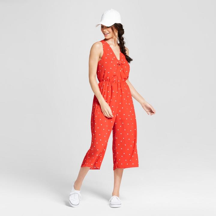 Women's Polka Dot Knot Front Culotte Jumpsuit - Le Kate (juniors') Red