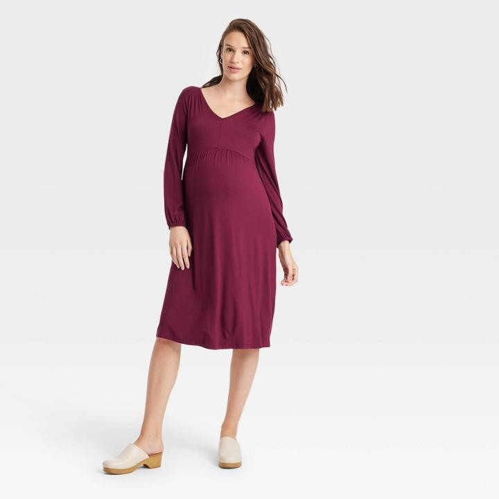 Long Sleeve Smocked Shoulder Knit Maternity Dress - Isabel Maternity By Ingrid & Isabel Burgundy