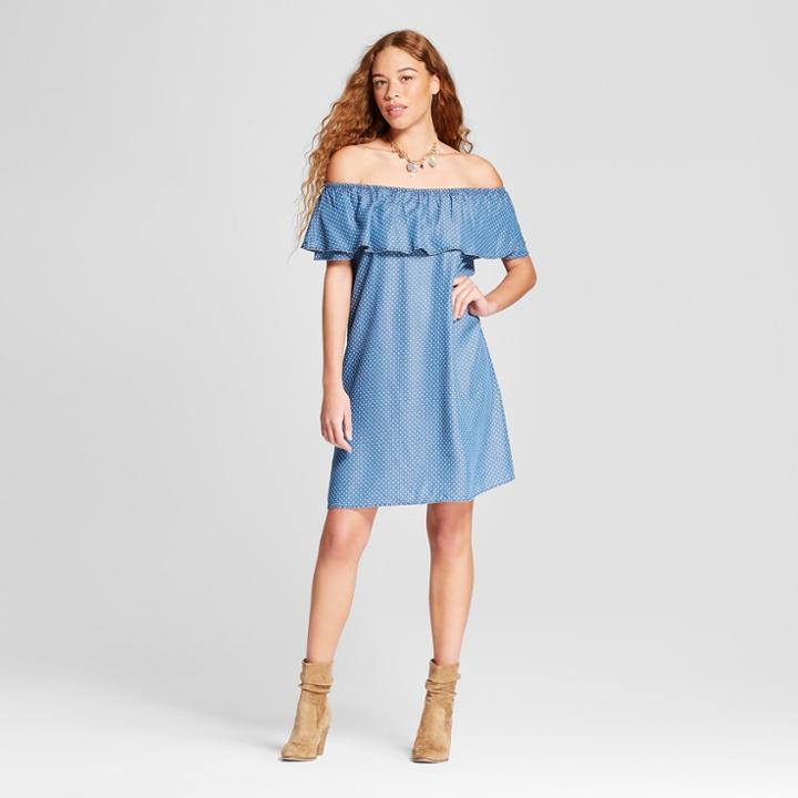 Women's Ruffle Off The Shoulder Polka Dot Dress - Alison Andrews Blue