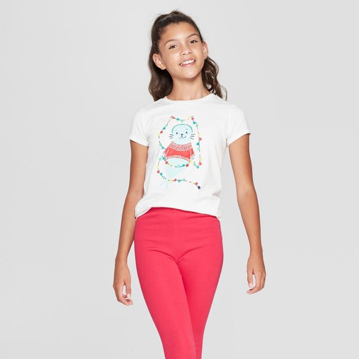 Girls' Short Sleeve Christmas Seal Graphic T-shirt - Cat & Jack Almond Cream