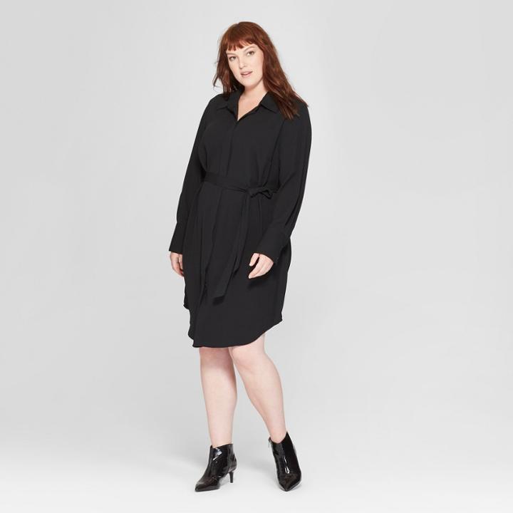 Women's Plus Size Long Sleeve Collared Shirt Dress - Prologue Black X