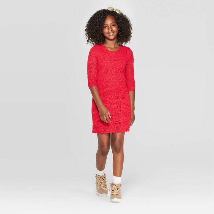 Girls' 3/4 Sleeve Shine Crochet Sweater Dress - Cat & Jack Red L, Girl's,