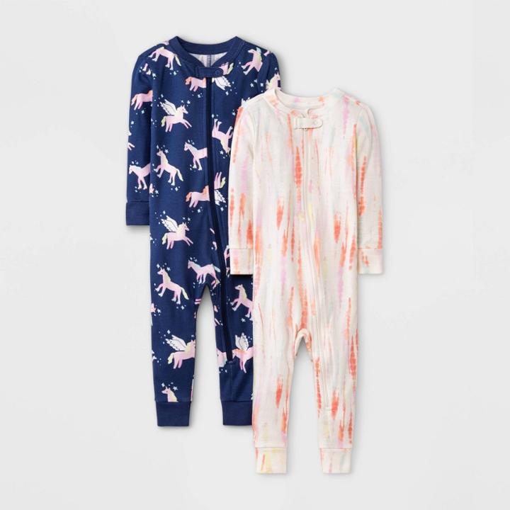 Baby Girls' 2pk Unicorn Snug Fit Pajama Romper - Cat & Jack 12m, Blue/black/beige