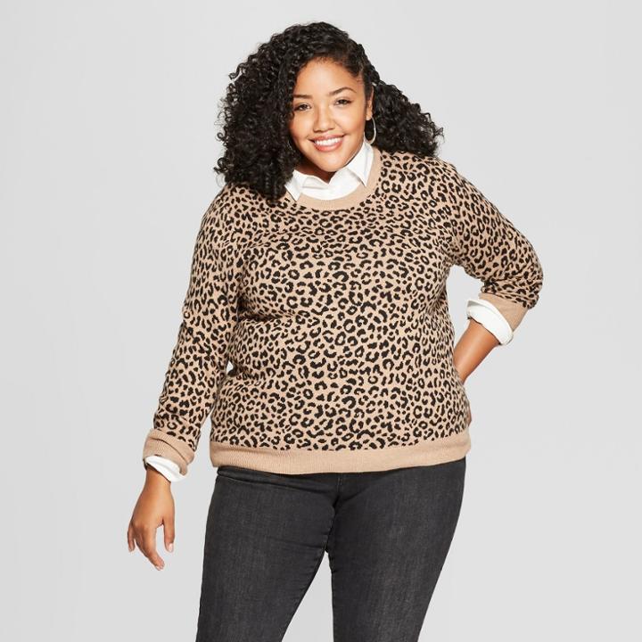 Women's Plus Size Leopard Print Pullover Sweater - A New Day Camel