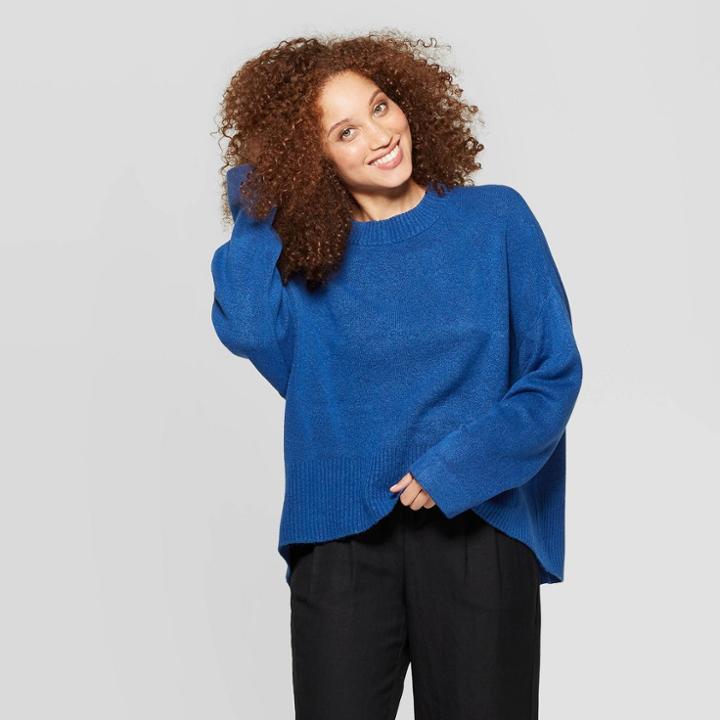 Women's Casual Fit Long Sleeve Crewneck Pullover Sweater - A New Day Dark Blue