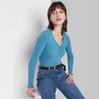 Women's Long Sleeve V-neck Button T-shirt - Wild Fable Turquoise
