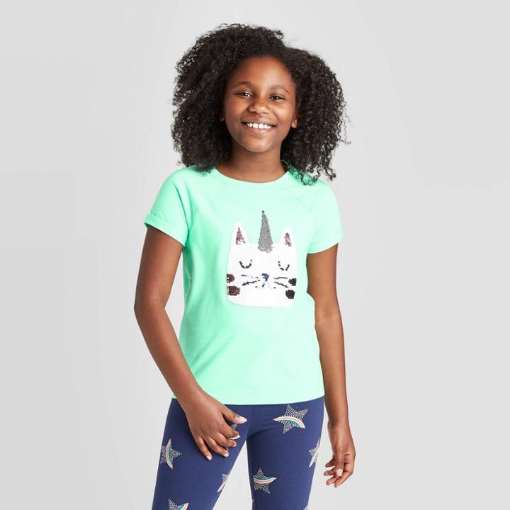 Petitegirls' Short Sleeve Unicorn Cat Flip Sequin T-shirt - Cat & Jack Mint Xs, Girl's,