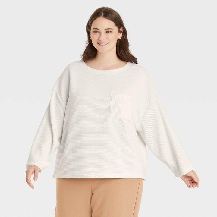 Women's Plus Size Long Sleeve Ottoman T-shirt - A New Day Cream