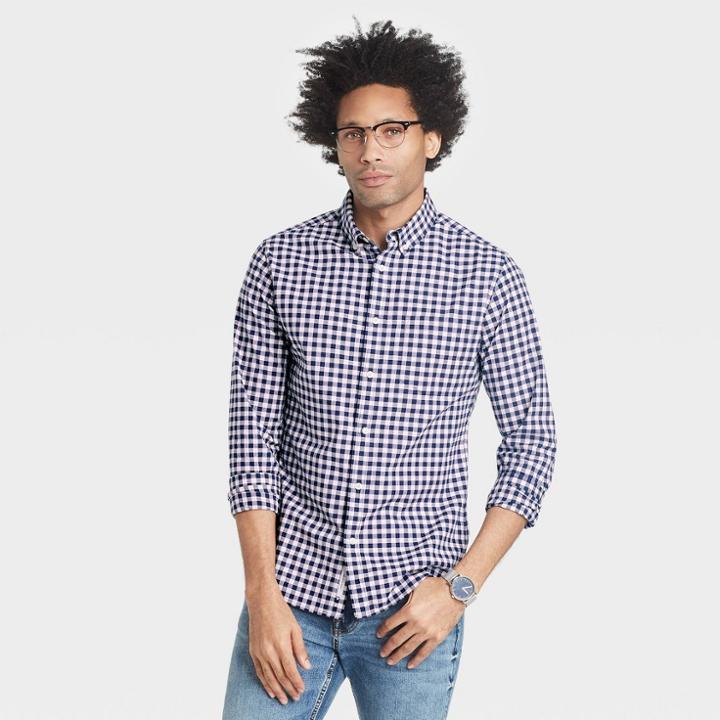 Men's Checked Slim Fit Stretch Poplin Long Sleeve Button-down Shirt - Goodfellow & Co