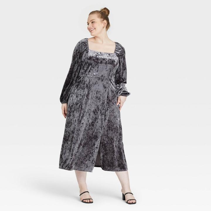 Women's Plus Size Velvet Long Sleeve Dress - Ava & Viv Charcoal X, Grey