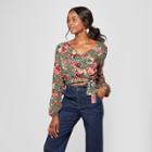 Women's Long Sleeve Wrap Floral Woven Top - Xhilaration Olive (green)