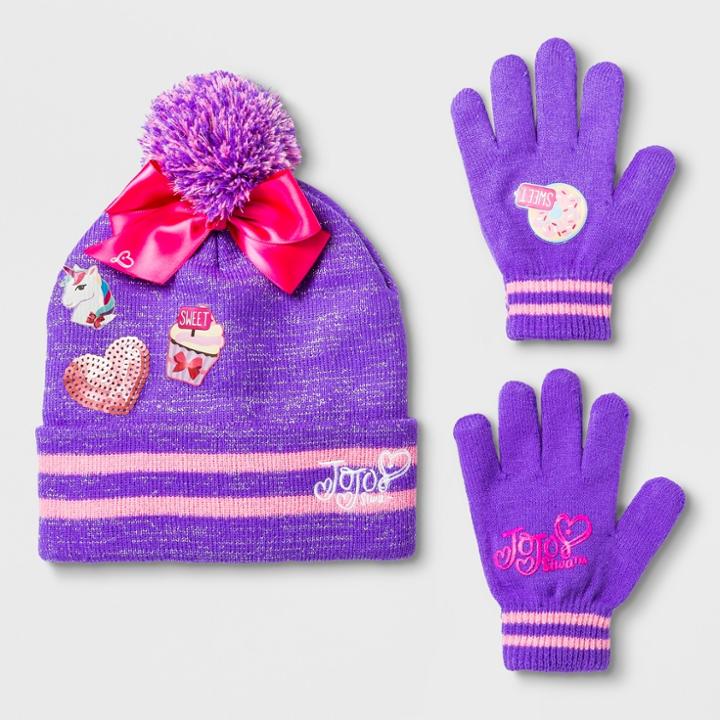 Girls' Jojo Siwa Cuffed Pom Beanie & Glove Set - Purple