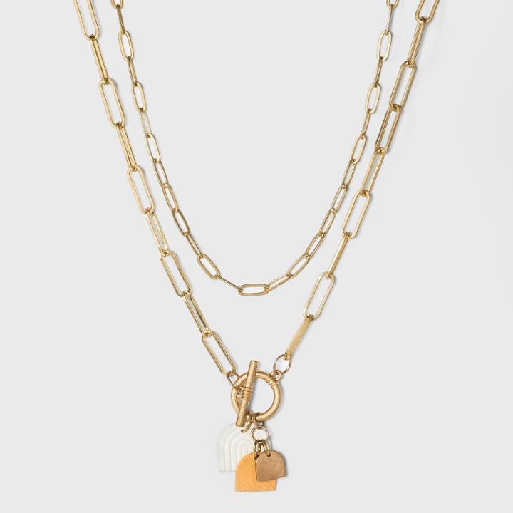 Sprayed Vegan Leather Half Moon Charm Layered Chain Necklace Set 2pc - Universal Thread Ivory