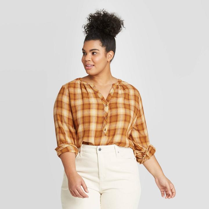 Women's Plus Size Plaid Long Sleeve V-neck Button Front Tunic - Universal Thread Yellow 1x, Women's,