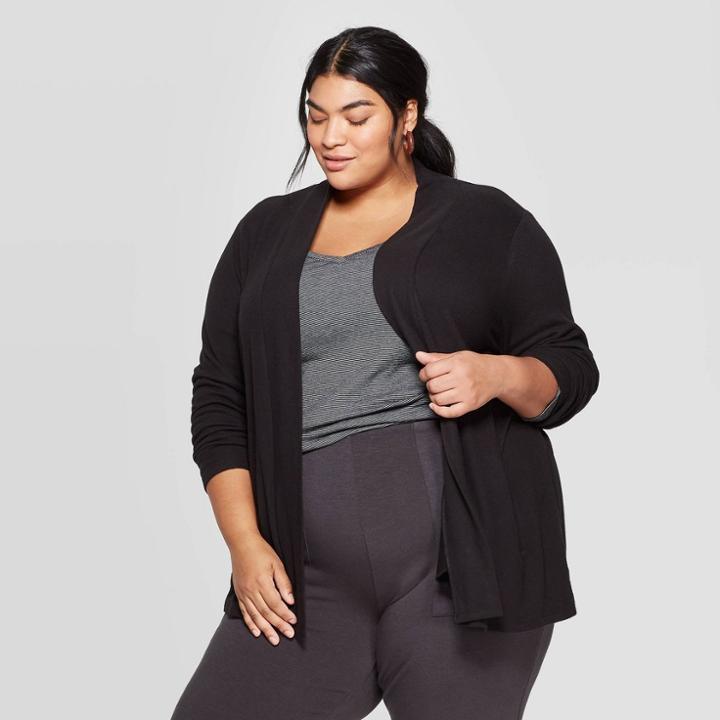 Women's Plus Size Long Sleeve Collared Open Layering Cardigan - Ava & Viv Black X