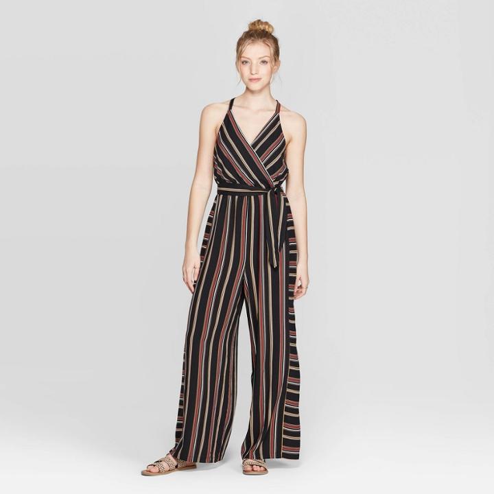 Women's Striped V-neck Strappy Wrap Jumpsuit - Xhilaration Rust (red)