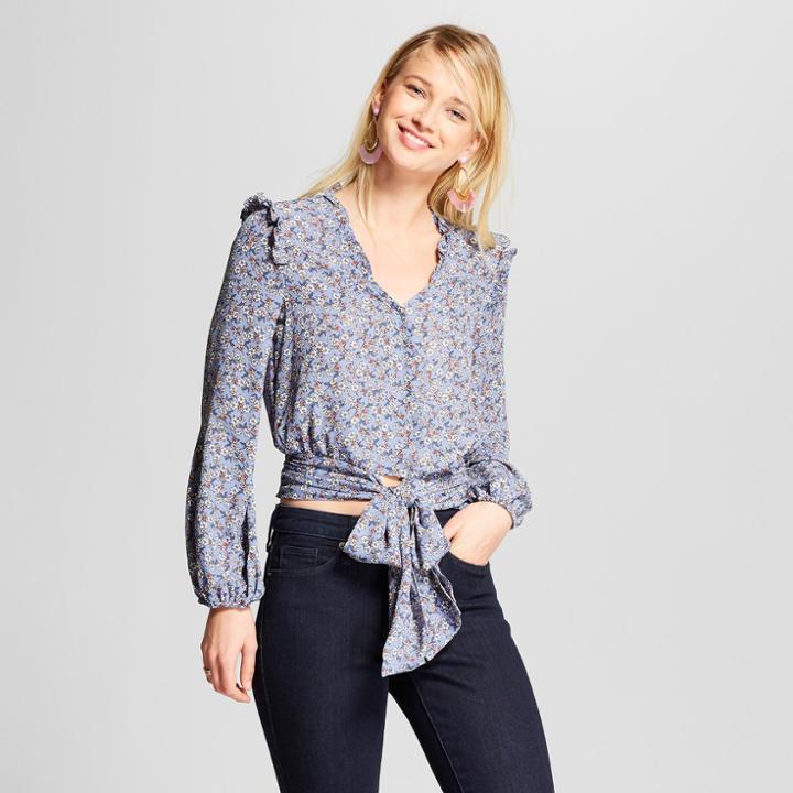 Women's Tie Front Wrap Long Sleeve Blouse - 3hearts (juniors') Blue