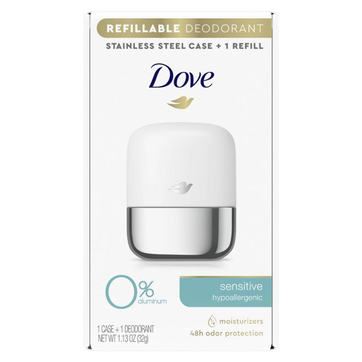 Dove Beauty Dove 0% Aluminum Sensitive Skin Refillable Deodorant Stainless Steel Case + 1 Refill