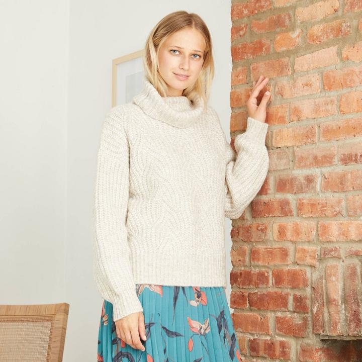 Women's Turtleneck Cable Stitch Pullover Sweater - A New Day Cream