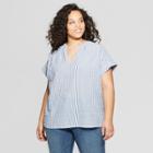Women's Plus Size Striped Short Sleeve V-neck Blouse - Universal Thread Blue