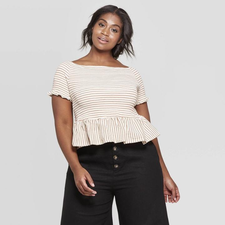 Women's Striped Plus Size Off The Shoulder Short Sleeve Smocked Peplum Top - Who What Wear Red