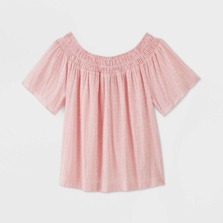 Women's Striped Short Sleeve Smocked Yoke Top - A New Day Red